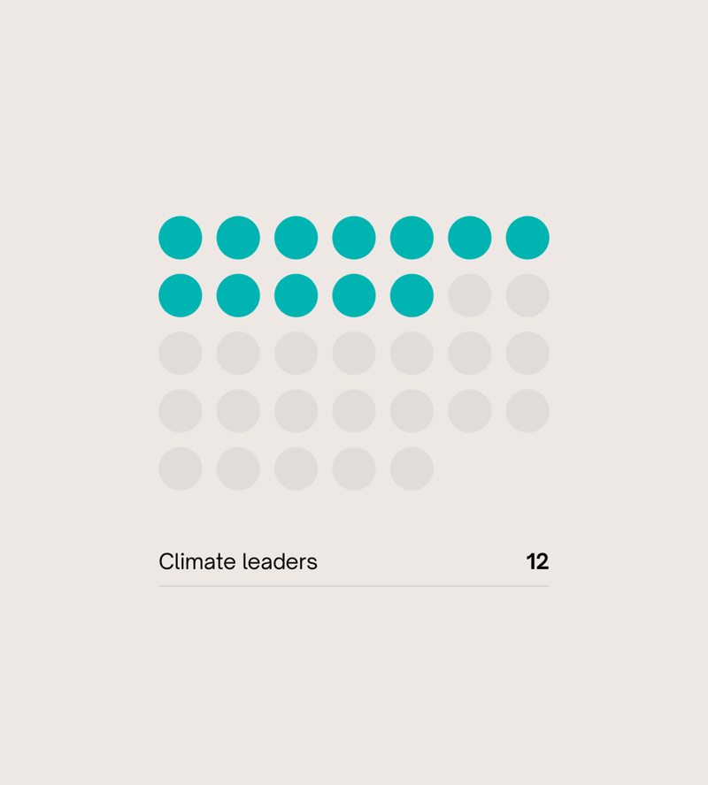 Array of teal circles forming a partial grid on a light background, with rows of filled circles on top and faint empty circles beneath; caption reads “Climate leaders” with number 12.