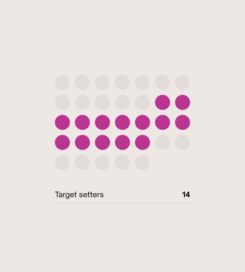Eight-by-six grid of light gray circles with a diagonal cluster of magenta/pink filled circles in the middle rows, and the text "Target setters" with the number 14 to the right.