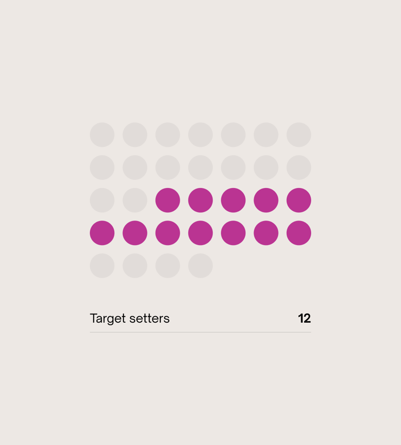 Arrangement of light gray dots forming a grid with a magenta dot pattern highlighting a diagonal cluster in the center-right; caption reads “Target setters 12.”