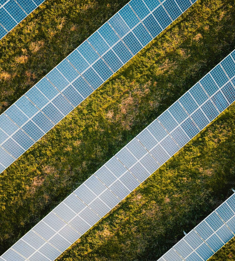 Aerial view of diagonal rows of blue solar panels set between green and brown forest strips.