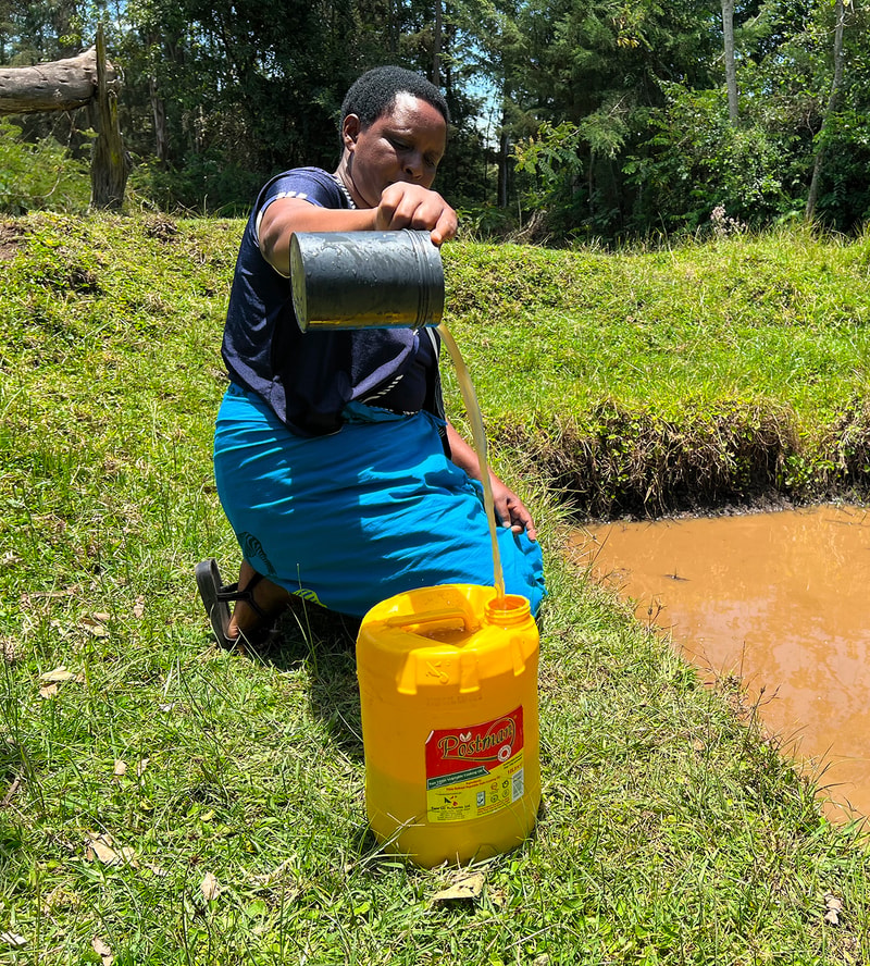 A person kneels on grassy riverbank, pouring a liquid from a small metal can into a bright yellow container labeled Postman, with muddy water nearby and trees in the background.