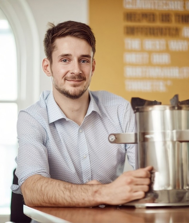 A young man with short brown hair and a light beard sits at a table, smiling slightly, with a stainless steel espresso machine beside him in a bright, modern space.