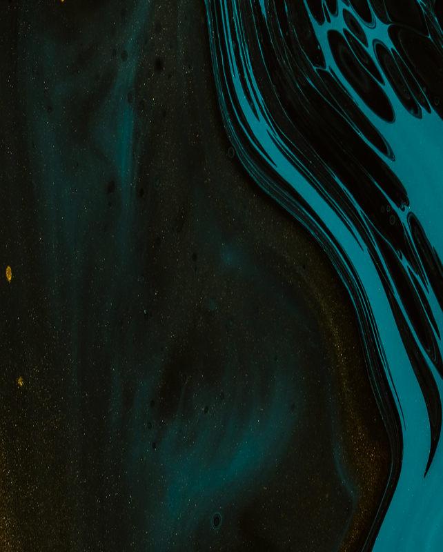 Swirling abstract teal and black liquid patterns with bold cyan curved streaks along the right edge, dark vignette center, and tiny golden specks scattered throughout.
