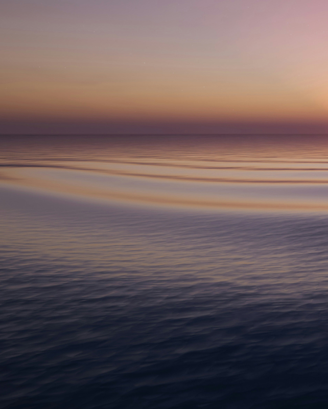A tranquil seascape at sunset with pastel pink, orange, and purple skies, calm ocean, and gentle ripples creating soft reflections on the water.